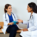 A professional female pediatrician, wearing a clean, modest lab coat, kindly explaining treatment options to a thoughtful mother and her young child, both fully clothed in appropriate, family-friendly attire. They are seated in a bright, modern, and tidy pediatric clinic consultation room, with medical charts visible but discreetly in the background. perfect anatomy, correct proportions, natural pose, well-formed hands, proper finger count, natural body proportions, professional photography, high quality, safe for work, appropriate content, fully clothed, professional.