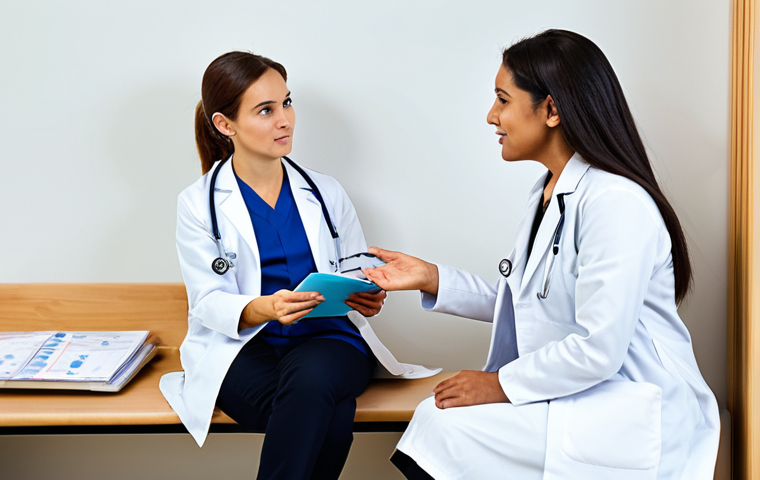 A professional female pediatrician, wearing a clean, modest lab coat, kindly explaining treatment options to a thoughtful mother and her young child, both fully clothed in appropriate, family-friendly attire. They are seated in a bright, modern, and tidy pediatric clinic consultation room, with medical charts visible but discreetly in the background. perfect anatomy, correct proportions, natural pose, well-formed hands, proper finger count, natural body proportions, professional photography, high quality, safe for work, appropriate content, fully clothed, professional.