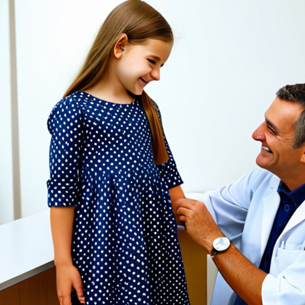**

A young girl in a fully clothed, modest dress, having her height measured by a doctor in a brightly lit, friendly clinic.  The doctor is smiling reassuringly. "Safe for work", "appropriate content", "fully clothed", family-friendly, perfect anatomy, correct proportions, well-formed hands, proper finger count, natural body proportions, professional photography, high quality.

**