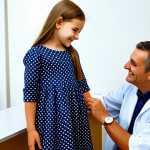 **

A young girl in a fully clothed, modest dress, having her height measured by a doctor in a brightly lit, friendly clinic.  The doctor is smiling reassuringly. "Safe for work", "appropriate content", "fully clothed", family-friendly, perfect anatomy, correct proportions, well-formed hands, proper finger count, natural body proportions, professional photography, high quality.

**