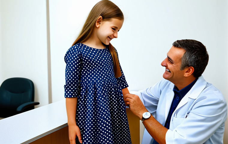 **

A young girl in a fully clothed, modest dress, having her height measured by a doctor in a brightly lit, friendly clinic.  The doctor is smiling reassuringly. "Safe for work", "appropriate content", "fully clothed", family-friendly, perfect anatomy, correct proportions, well-formed hands, proper finger count, natural body proportions, professional photography, high quality.

**