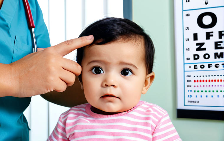 Baby Eye Checkup**

A baby having their eyes examined by a doctor in a brightly lit, family-friendly clinic. The baby is fully clothed in comfortable, age-appropriate attire. The doctor is professional and reassuring. Background includes eye charts and medical equipment. Safe for work, appropriate content, perfect anatomy, correct proportions, professional, well-formed hands, proper finger count, natural body proportions, modest.

**