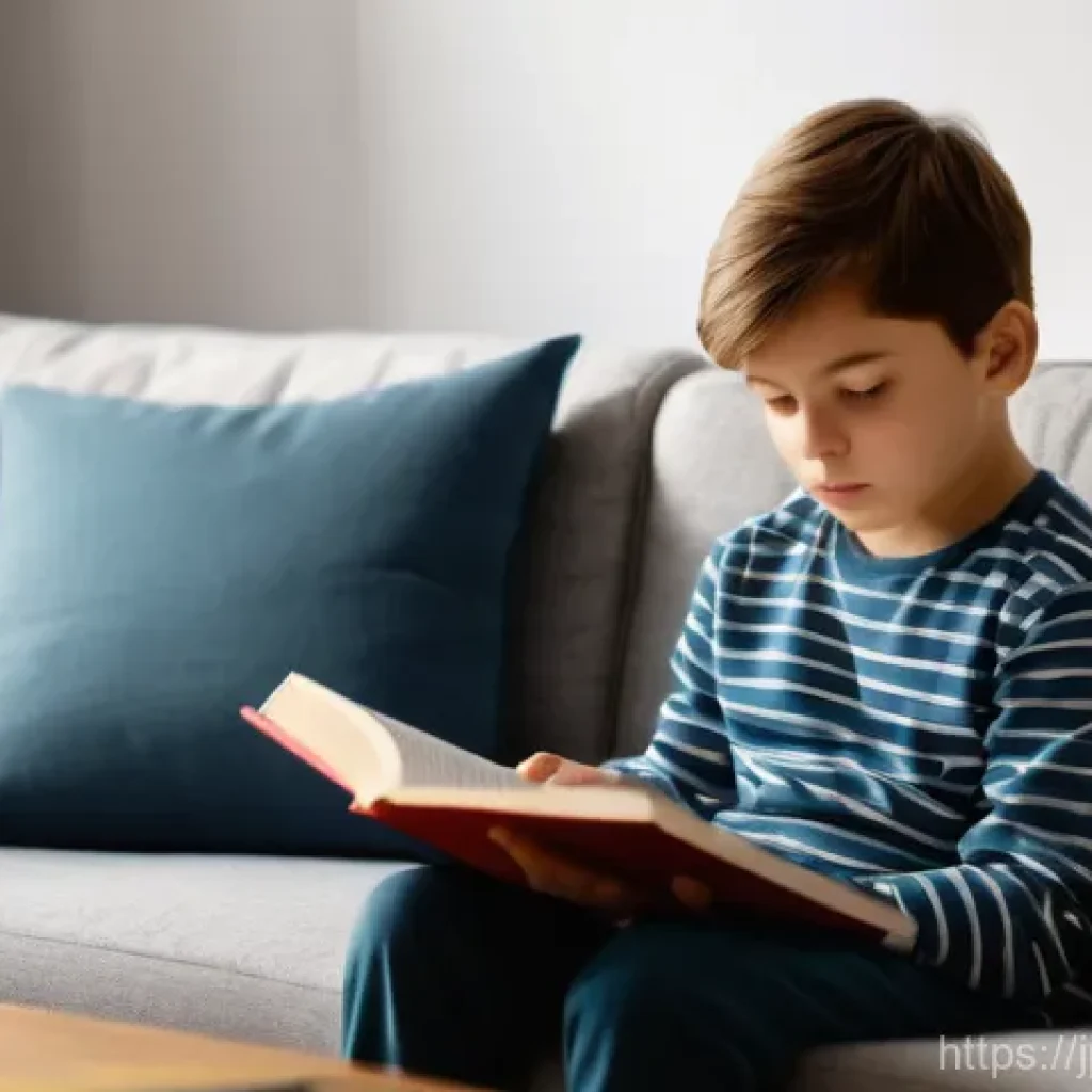 소아 갑상선 질환 진단과 치료 - A candid shot of a child, approximately 7 years old, sitting quietly on a sofa in a warmly lit livin...