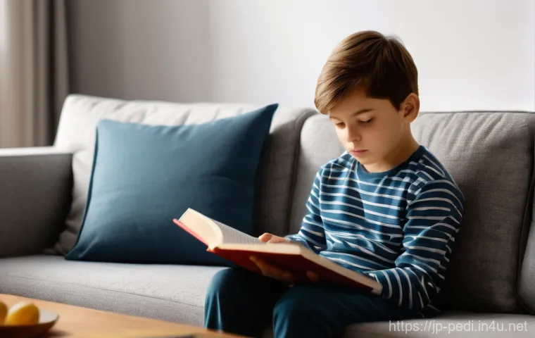 소아 갑상선 질환 진단과 치료 - A candid shot of a child, approximately 7 years old, sitting quietly on a sofa in a warmly lit livin...
