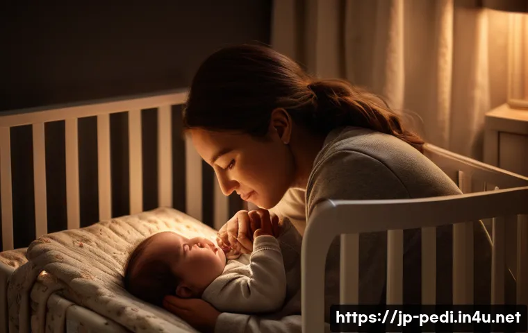 소아 야제증과 수면 문제 해결법 - **Prompt:** A heartwarming scene of a caring parent gently comforting their baby in a dimly lit, coz...