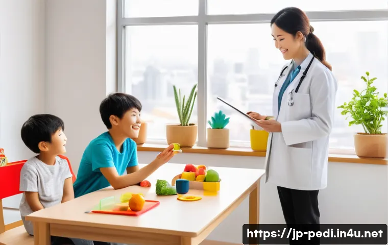 소아청소년 비만 관리 클리닉 추천 - A warm, bright pediatric obesity clinic interior scene featuring a diverse team of professionals&mdash;doc...