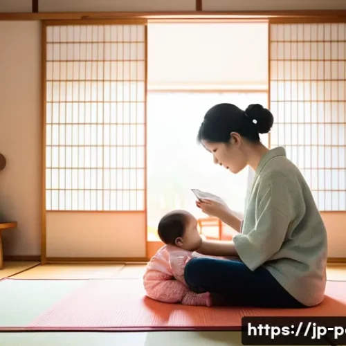 영유아 심리치료와 발달장애 검사 - A warm and cozy Japanese home interior scene showing a mother gently listening and engaging with her...