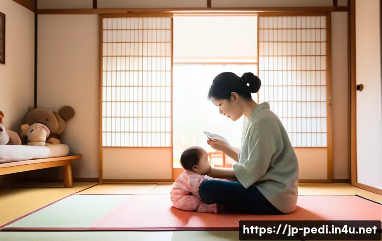 영유아 심리치료와 발달장애 검사 - A warm and cozy Japanese home interior scene showing a mother gently listening and engaging with her...