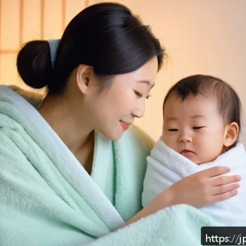 소아 중이염 치료와 재발 방지 방법 - A tender scene of a young Japanese toddler wearing a diaper, gently wrapped in a soft blanket, sitti...
