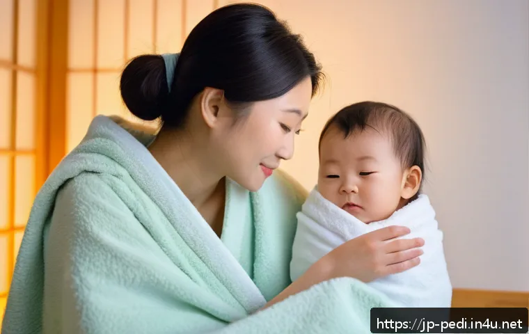 소아 중이염 치료와 재발 방지 방법 - A tender scene of a young Japanese toddler wearing a diaper, gently wrapped in a soft blanket, sitti...