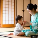 소아기관지염과 폐렴 차이점 - A caring Japanese mother gently checking her young child's breathing in a cozy, softly lit modern Ja...