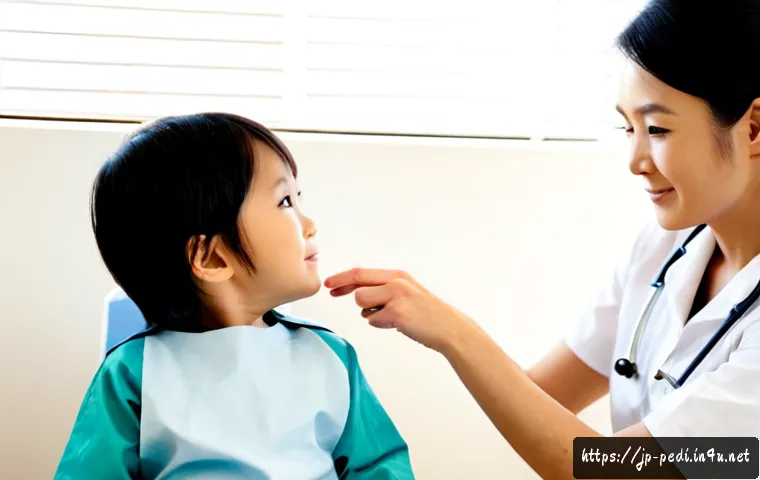 소아 두드러기 원인과 치료법 - Photorealistic pediatric clinic scene, caring Japanese mother sitting beside her fully clothed young...