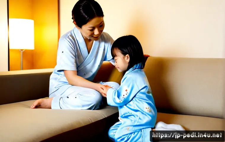 영유아 성장통과 관절통 구별법 - Photorealistic Japanese family living room at early evening, a fully clothed preschool child in soft...
